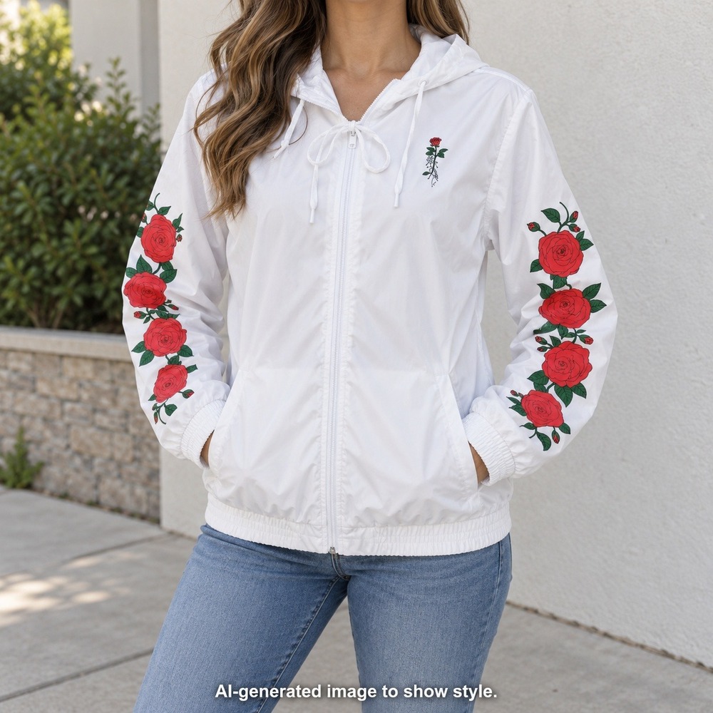 EMPYRE CLOTHING Women M White & Red Roses Hooded Windbreaker Jacket